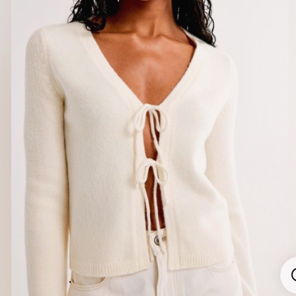 Abercrombie & Fitch Cream Cardigan with Textured Knit and Drawstring Detail